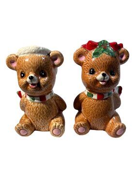 Lefton Christmas Bear Salt & Pepper Shaker Set Hand Painted Brown Bears 3"